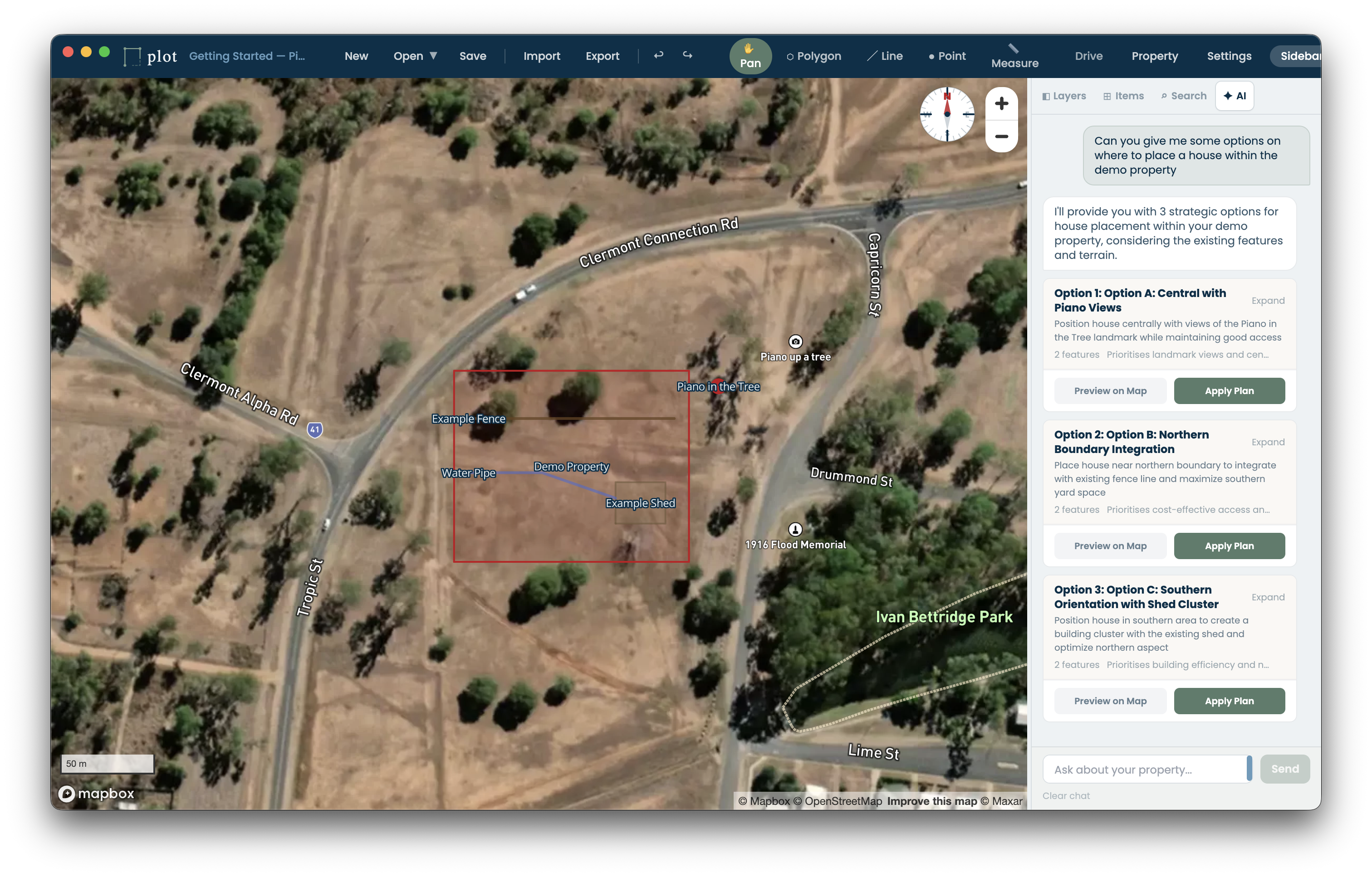 plot application showing property infrastructure planning on satellite imagery