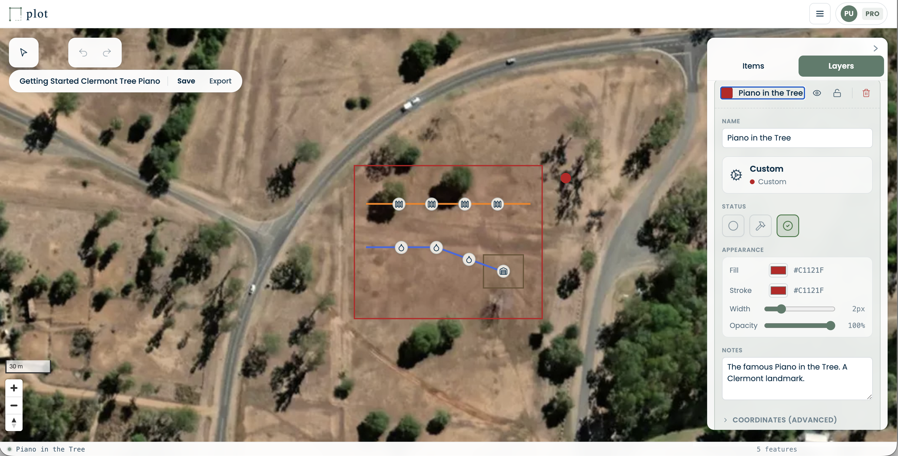 PLOT editor with the Piano in the Tree feature being extended on a satellite view