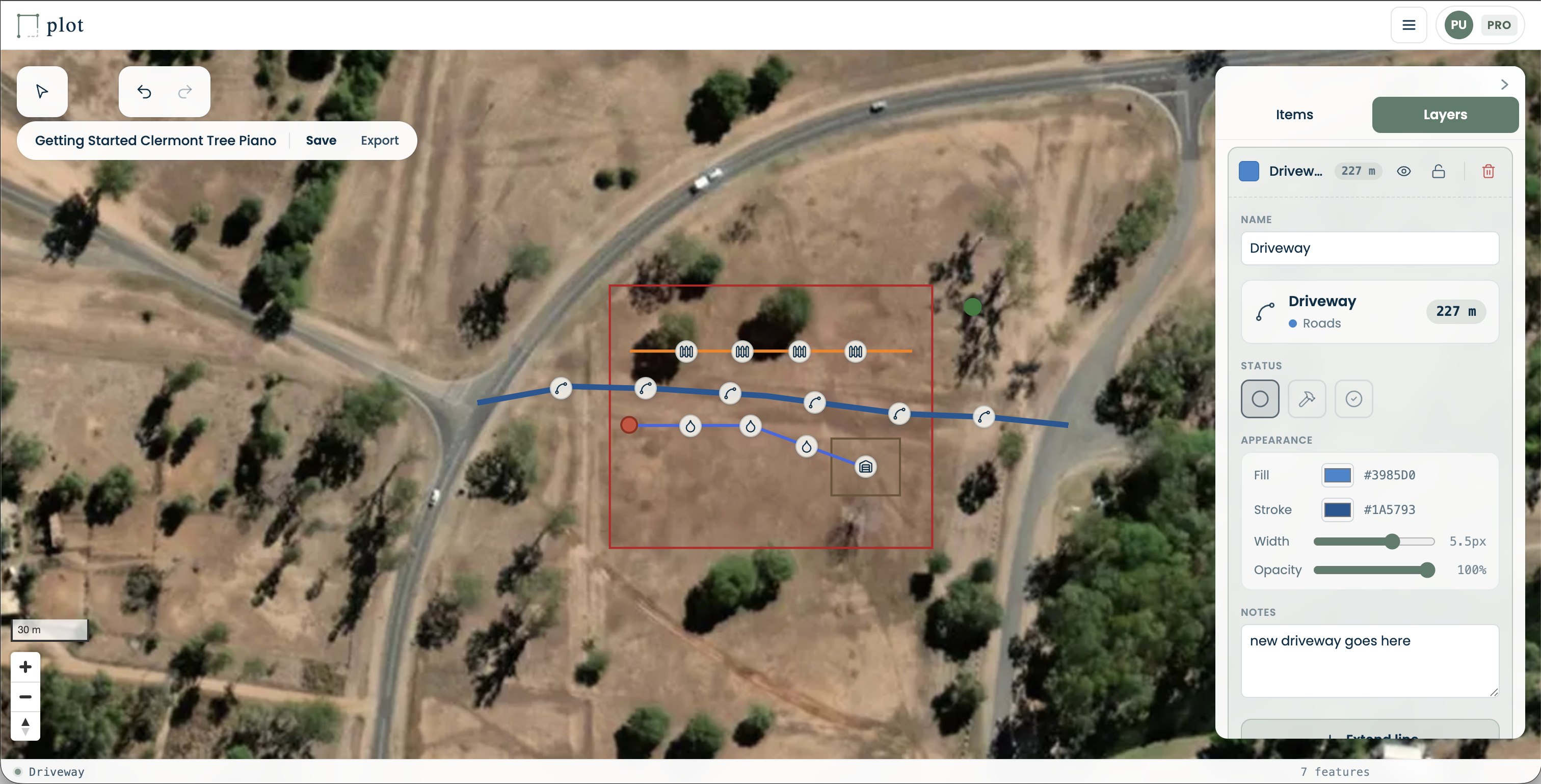 PLOT layers panel with a driveway shape selected and properties open for editing